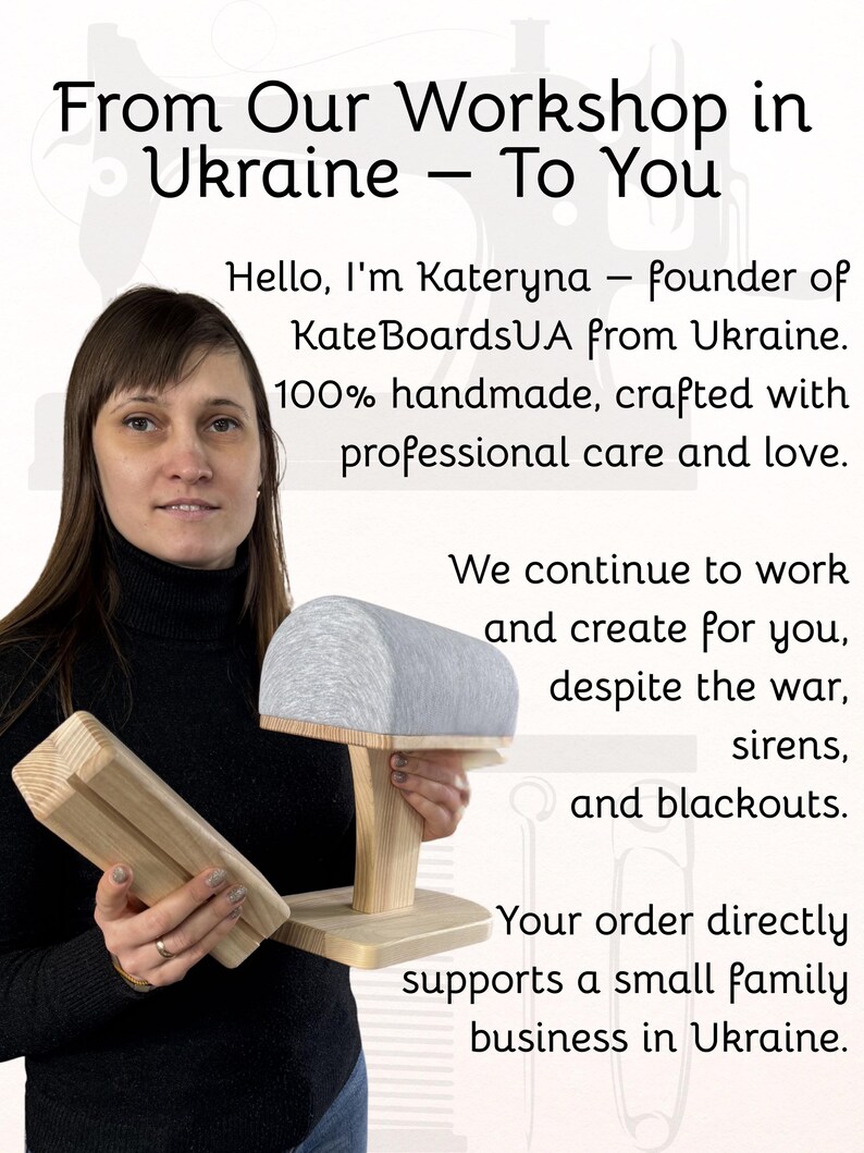 a woman holding a wooden object, possibly a piece of furniture or a tool, and posing for the camera. The text in the image provides information about a business, including the name of the business owner, the nature of the business, and the products they offer. The text also mentions that the business supports small family businesses in Ukraine.