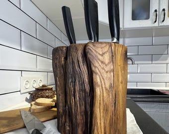 Suporte para facas em madeira reciclada para cozinha estilo fazenda - Suporte em bloco de carvalho rústico