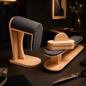 May include: A wooden tailor's ham and sleeve board set featuring light-colored wood bases and dark gray fabric padding. The set includes a vertical sleeve press and a horizontal pressing board with a small wooden clapper tool resting on top.