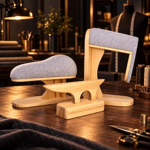 Op de afbeelding: Een set van drie houten kleermakersgereedschappen voor het strijken van kleding. De collectie bevat twee gebogen strijkkussens bekleed met lichtgrijze stof en één massief houten kleermakersklos met een gladde, natuurlijke afwerking.