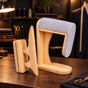 Op de afbeelding: Een lichtgekleurde houten kleermakersklos en een mouwstrijkplank met een grijs, met stof bekleed persoppervlak. De klos heeft een handvat en een platte basis, terwijl de mouwplank een gebogen, gevoerde arm heeft voor het persen van naden.