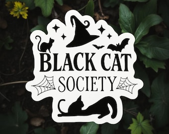 Black Cat Society Waterproof Sticker, Gothic Cat Art, Halloween Witch Sticker, Dark Cute Cat Sticker Set, Magical Halloween Sticker