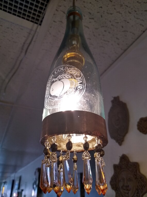 Antique Water Bottle Pendant Light Official Oregon Country Fair Commemorative 50th Anniversary Souvenir Lamp Etched Sandblasted Design