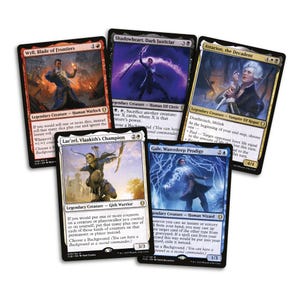 May include: Five Magic: The Gathering trading cards are displayed, featuring various characters and spells. The cards showcase vibrant artwork and text, with titles like "Wyll, Blade of Frontiers" and "Shadowheart, Dark Justiciar". The cards are from the Commander Legends: Battle for Baldur's Gate set.