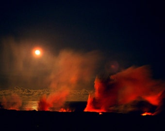 Hawaiian Volcano Photography - Night Fine Art Photography Pele's Moonlit Dance - Kilauea Volcano Lava Flow