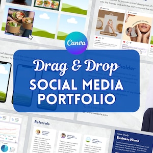 May include: A blue and white graphic with the text "Drag & Drop Social Media Portfolio" in white text on a blue background. The graphic is surrounded by images of social media posts, including a photo of a person holding a jar, a photo of a person's face, and a photo of a food dish.