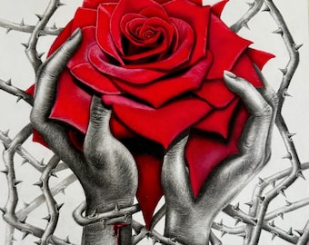 Dessin original au crayon de couleur, oeuvre d'art originale, dessiné à la main, dessin de fleurs, oeuvre d'art originale, dessin au crayon de couleur, cadeau original