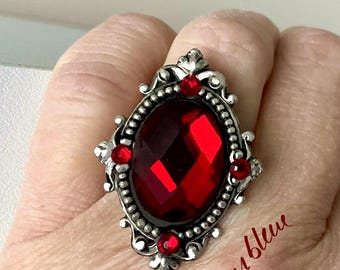 Victorian Red Glass Ring – Silver-Plated Swarovski Crystal Adjustable Ring
