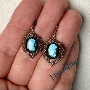 ALEXANDRINE victorian faceted Montana blue glass cabochon copper earrings