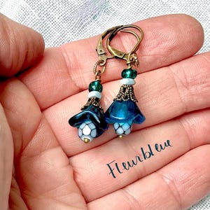 CORNFLOWER art nouveau blue Czech glass flower brass earrings