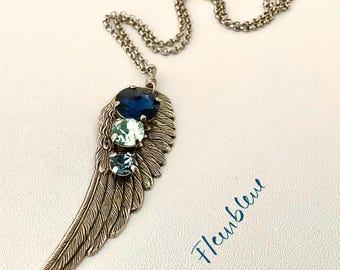 CELESTIAL WING Montana Blue Crystal Necklace Antique Silver Brass Angel Pendant