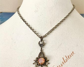 HARLEQUIN BLOOM Victorian Necklace – Pink Harlequin Glass Opal, Antique Silver Plated Brass