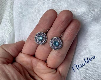 LILAC ANEMONE denim blue purple Austrian crystal flower violet silver pave earrings