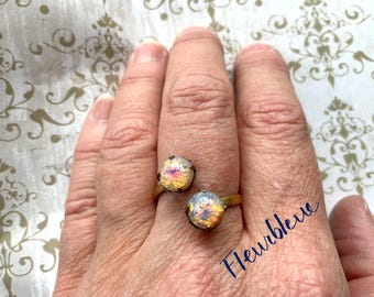MAPLE adjustable harlequin white pink glass opal stackable wrap brass ring