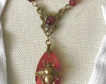 APIARY red glass briolette brass bee necklace