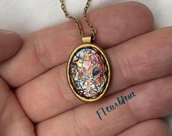 CANDY colourful opal glass cabochon brass pendant necklace