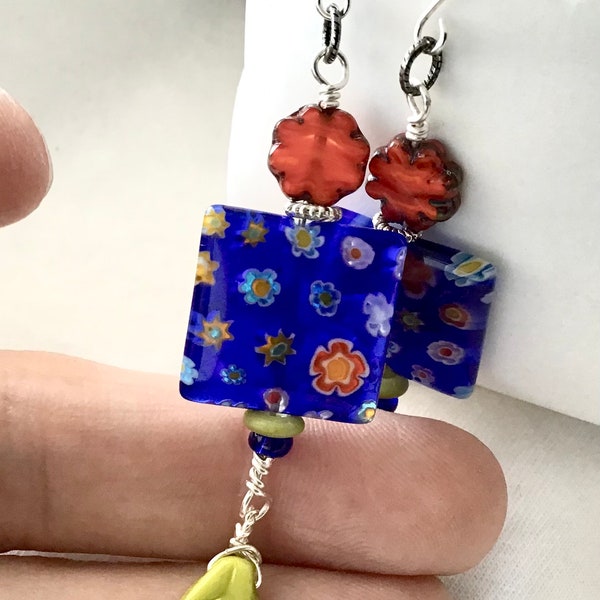 MILLEFIORI red blue green glass flower earrings