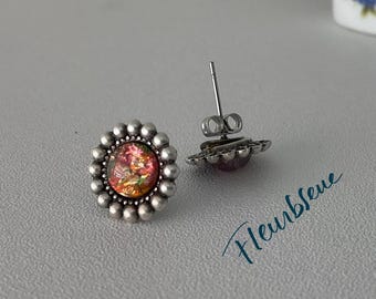 FIRE orange pink glass opal cabochon silver setting stainless stud earrings