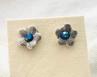 BLOOM aqua rhinestones silver flower stud earrings