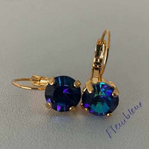 Heliotrope Austrian Crystal Earrings – Gold Plated Leverback Dangles