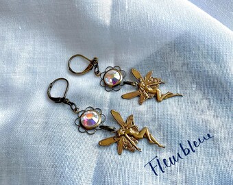 ZELIA fantasy medieval brass fairies and flower crystal brass earrings