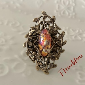 CLEMENTINE – Antique Bronze Filigree Ring with Orange Opal Glass Cabochon, Victorian Adjustable Statement Ring