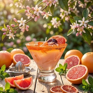 Puede incluir: Un cóctel refrescante en un vaso transparente, adornado con una rodaja de pomelo y una cereza oscura. La bebida está sobre una mesa de madera rodeada de pomelos frescos, ramitas de menta y rodajas de pomelo secas. Ramas florecientes en el fondo.