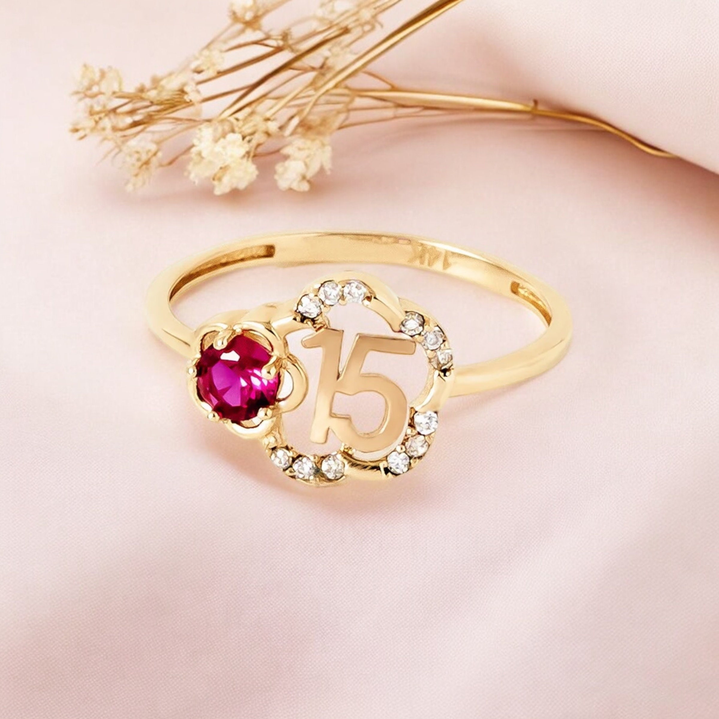 14k Solid Gold Quinceanera 15th Birthday Beautiful Crown Ruby Cz Ring ...