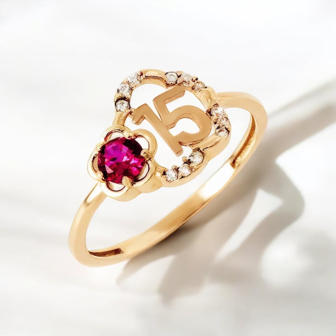 14k Solid Gold Quinceanera 15th Birthday Beautiful Crown Ruby Cz Ring ...