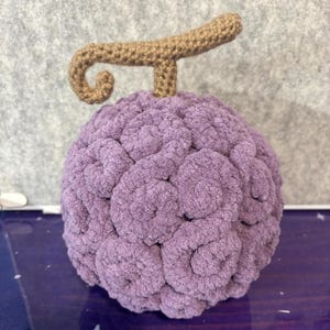 Può includere: Un frutto di uncinetto viola con uno stelo marrone. Il frutto è fatto di filato morbido e ha una superficie testurizzata.