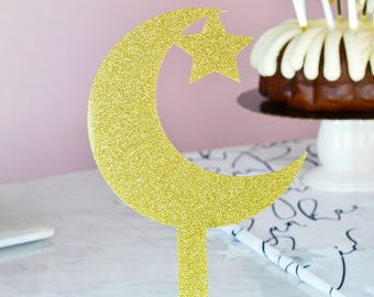 Gold Glitter Acrylic Crescent Moon & star centerpiece, cake topper, ramadan decor, eid decor, modern eid decor, nursery, space theme