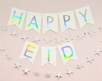 Happy Eid Pennant Banner, modern eid decor, moderneid, holographic, silver rainbow, happy ramadan, eid banner, eid bunting, eid