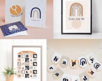 BUNDLE Luna rainbow Ramadan Printables- Iftar print, advent calendar, ramadan banner, ramadan eid greeting cards, rainbow, modern eid decor