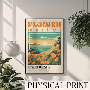 Impresión del mercado de flores del estado de California Póster del mercado de flores Póster de viaje retro Póster de Estados Unidos Obra de arte de California Póster de amapola de California