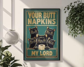 Poster drôle de salle de bain pour chat, art mural, papier toilette, humour, chat noir