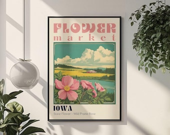 Iowa State Flower Market Print Flower Market Poster Retro Travel Poster Iowa Prairie Rose Art Iowa Decor Iowa Print Iowa Wall Art Iowa Art