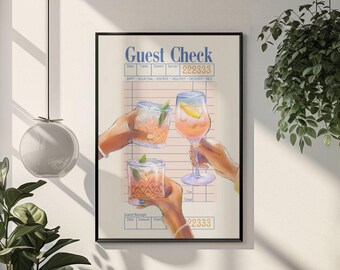 Cheers Guest Check Poster Trendy Bar Cart Art Preppy Cocktail Bar Cart Print Kitchen Drinks Art Cheers Print Retro Alcohol Print Girly Art