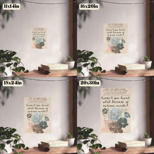 Pode incluir: Um design de arte de parede imprim&iacute;vel com uma p&aacute;gina de livro vintage com ilustra&ccedil;&otilde;es bot&acirc;nicas e o texto "KEEP THIS BOOK CLEAN DO NOT TURN DOWN THE LEAVES haven't you heard what becomes of curious minds?"