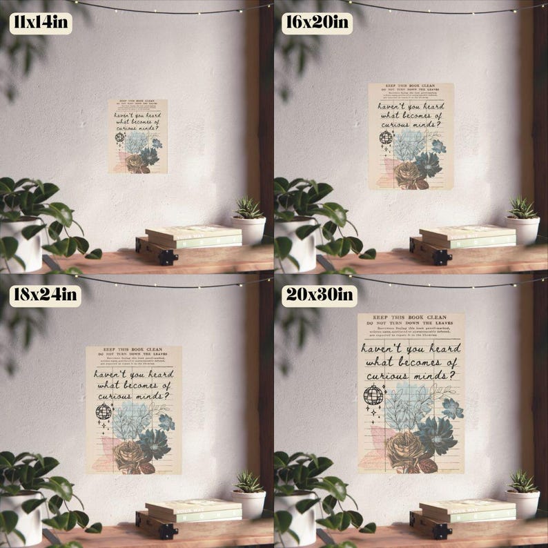 Pode incluir: Um design de arte de parede imprim&iacute;vel com uma p&aacute;gina de livro vintage com ilustra&ccedil;&otilde;es bot&acirc;nicas e o texto "KEEP THIS BOOK CLEAN DO NOT TURN DOWN THE LEAVES haven't you heard what becomes of curious minds?"
