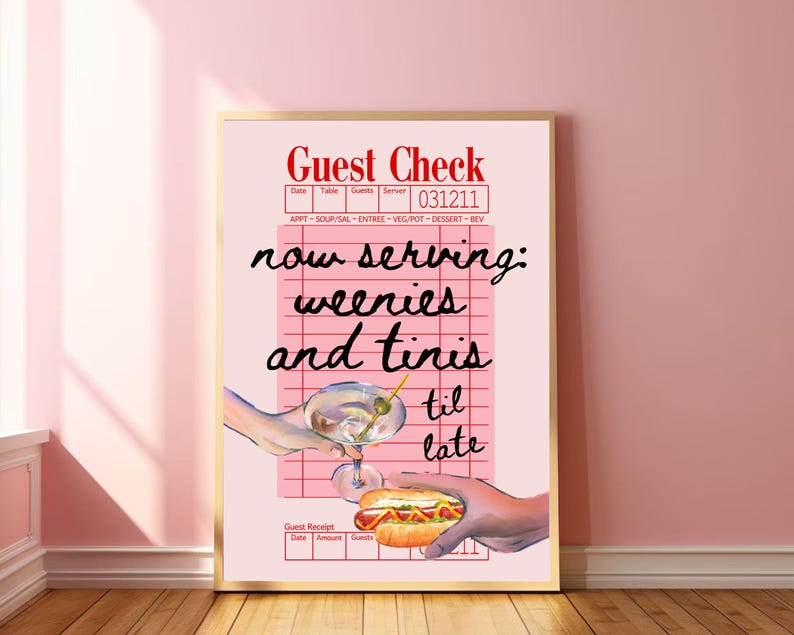 May include: A pink and white guest check with the text "now serving: weenies and tinis til late" in black cursive writing. A hand holds a martini glass with olives and another hand holds a hot dog.