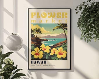 Hawaii Blumenmarkt Poster Vintage Hibiskus Tropisch Strand Wandkunst