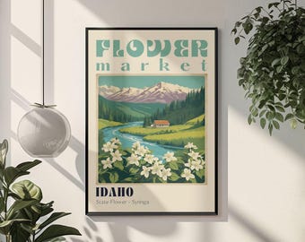 Plakat z targu kwiatów w Idaho, vintage, krajobraz parku narodowego, sztuka ścienna