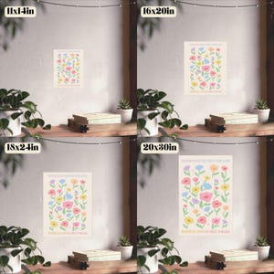 Grid layout displaying multiple framed versions of the floral artwork in a neutral room, labeled with sizes. The comparison helps buyers visualize how the pastel flower design and quote scale on a wall and choose the best size for their space and layout