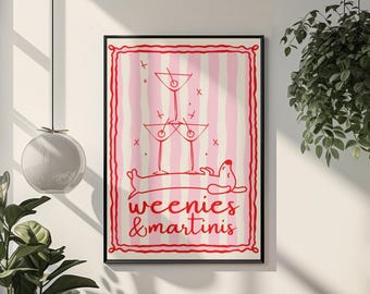 Weenies & Martinis Dachshund Wall Art Print Pink Red Funny Cocktail Poster