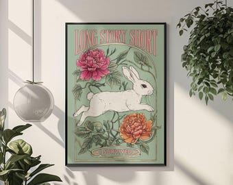 Long Story Short I Survived Floral Rabbit Wall Art Print Sage Green Botanical Poster