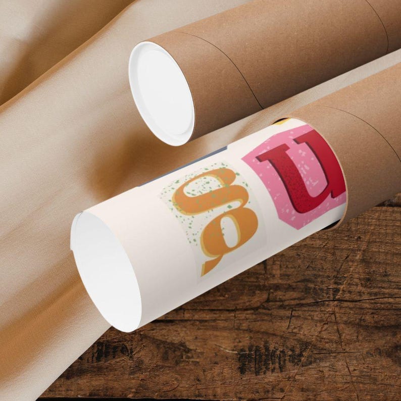 May include: A rolled up poster with colorful letters spelling out "aqua" in a retro style. The poster is being shipped in a brown cardboard tube.