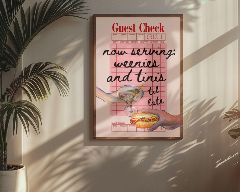May include: A pink and white guest check with the text "now serving: weenies and tinis til late" written in black. A hand holds a hot dog and another hand holds a martini glass with an olive.