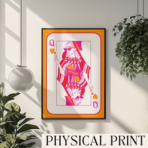 Regina di cuori arte rosa arancione parete arte carte da gioco stampa carta da gioco rosa preppy rosa poster bar carrello opera d'arte poster di carte da gioco retrò