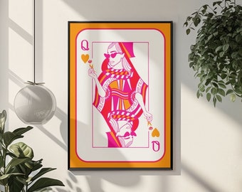 Queen of Hearts Poster Retro Pink Playing Card Wall Art