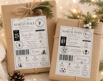 May include: Two rectangular brown paper gift packages featuring white North Pole Express Mail shipping labels. The labels include black text, barcodes, and festive graphics like fairies, soccer balls, and Santa Claus signatures.